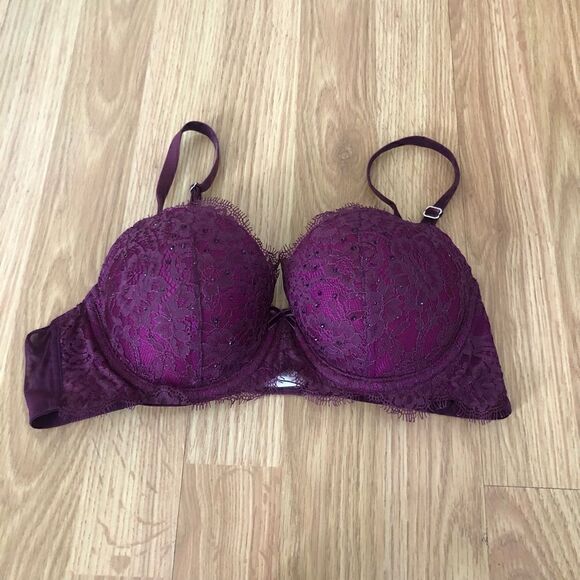 Victoria's Secret Bra 34C Dream Angels Lined Demi Lace Rhinestone Wine Underwire - Picture 3 of 9